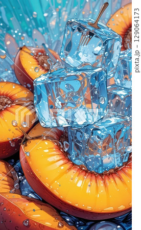 Juicy Peach Halves and Blue Ice Cubes Dynamic Illustration 129064173