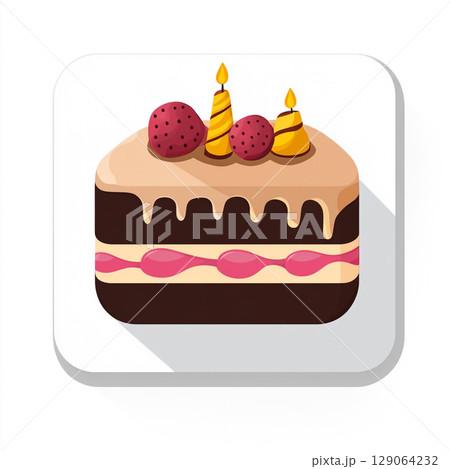 A charming isometric illustration of a birthday cake with lit candle, topped with chocolate and candies on a white background. 129064232