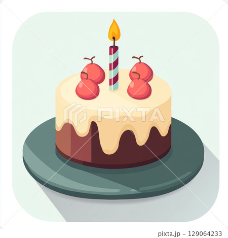 A charming isometric illustration of a birthday cake with lit candle, topped with chocolate and candies on a white background. 129064233
