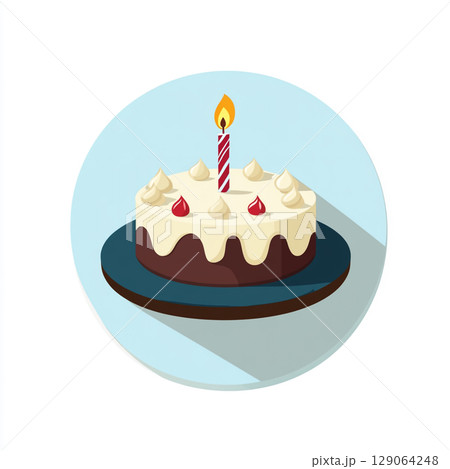 A charming isometric illustration of a birthday cake with lit candle, topped with chocolate and candies on a white background. 129064248