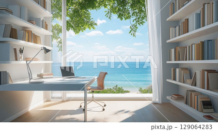 Modern home office interior with books on white shelves, panoramic window and sea view. Workplace concept. Modern home office interior with books on white shelves, panoramic window and sea view. Workplace concept. 129064283