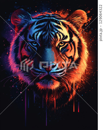 A close-up of a digital illustration depicting a tiger's head bathed in vibrant neon lights, showcasing its striking stripes and piercing eyes with a futuristic, artistic flair. A close-up of a digital illustration depicting a tiger's head bathed in vibrant neon lights, showcasing its striking stripes and piercing eyes with a futuristic, artistic flair. 129064322