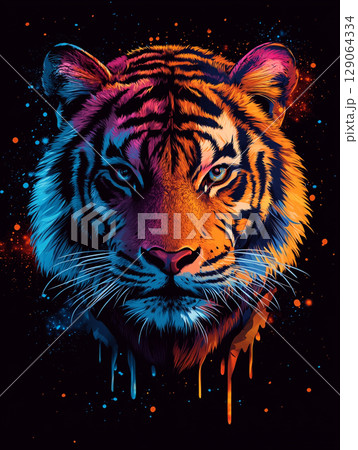 A close-up of a digital illustration depicting a tiger's head bathed in vibrant neon lights, showcasing its striking stripes and piercing eyes with a futuristic, artistic flair. 129064334