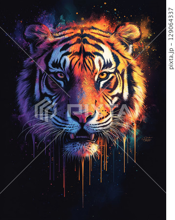 A close-up of a digital illustration depicting a tiger's head bathed in vibrant neon lights, showcasing its striking stripes and piercing eyes with a futuristic, artistic flair. A close-up of a digital illustration depicting a tiger's head bathed in vibrant neon lights, showcasing its striking stripes and piercing eyes with a futuristic, artistic flair. 129064337