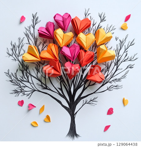 A beautiful composition featuring an artistic drawing of tree branches adorned with numerous colorful origami hearts and a few leaves. 129064438