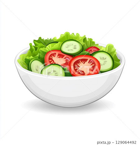 A crisp white bowl overflowing with a vibrant, fresh garden salad featuring green lettuce, red tomatoes, purple onions, and cucumber slices. 129064492