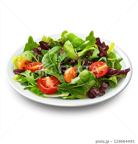 A crisp white bowl overflowing with a vibrant, fresh garden salad featuring green lettuce, red tomatoes, purple onions, and cucumber slices. 129064493