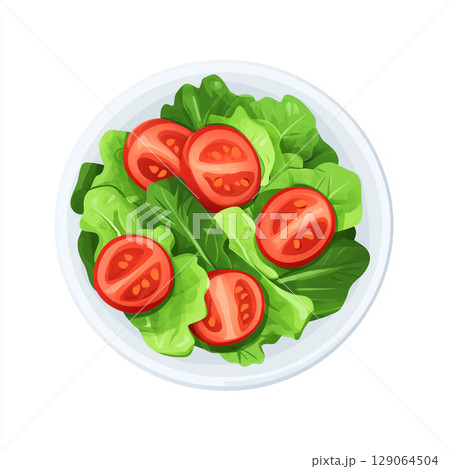 A crisp white bowl overflowing with a vibrant, fresh garden salad featuring green lettuce, red tomatoes, purple onions, and cucumber slices. 129064504
