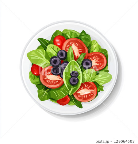 A crisp white bowl overflowing with a vibrant, fresh garden salad featuring green lettuce, red tomatoes, purple onions, and cucumber slices. 129064505