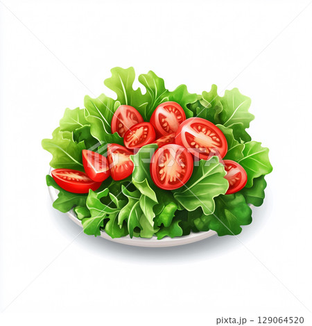 A crisp white bowl overflowing with a vibrant, fresh garden salad featuring green lettuce, red tomatoes, purple onions, and cucumber slices. A crisp white bowl overflowing with a vibrant, fresh garden salad featuring green lettuce, red tomatoes, purple onions, and cucumber slices. 129064520