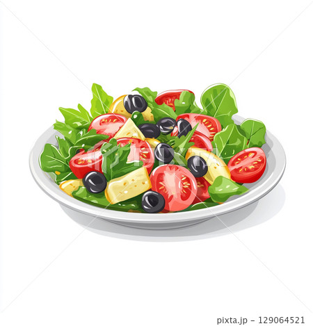 A crisp white bowl overflowing with a vibrant, fresh garden salad featuring green lettuce, red tomatoes, purple onions, and cucumber slices. 129064521