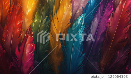 A vibrant and richly textured illustration of numerous overlapping feathers in a kaleidoscope of bold, saturated colors like purple, orange, red, and blue. 129064598