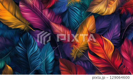 A vibrant and richly textured illustration of numerous overlapping feathers in a kaleidoscope of bold, saturated colors like purple, orange, red, and blue. 129064600