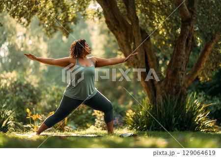 A woman is practicing yoga in a park 129064619