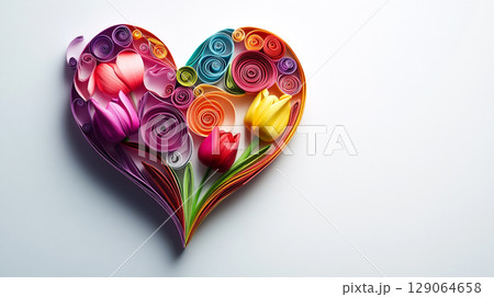 A stunning paper quilling artwork forms a heart shape, filled with colorful, intricately rolled paper flowers and leaves. A stunning paper quilling artwork forms a heart shape, filled with colorful, intricately rolled paper flowers and leaves. 129064658