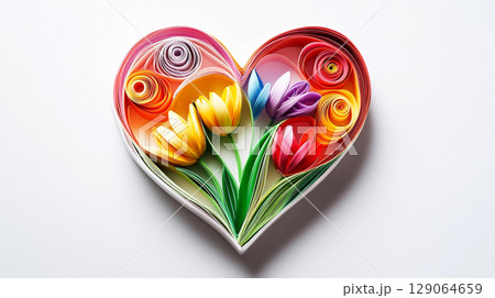 A stunning paper quilling artwork forms a heart shape, filled with colorful, intricately rolled paper flowers and leaves. 129064659