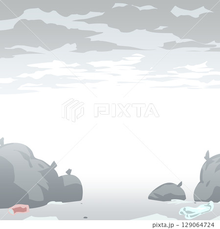 正方形背景　手描き素材　シンプルなベクター風の曇り空と打ち捨てられたゴミ　背景イラスト 129064724