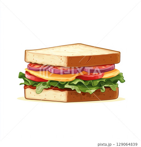 A savory cartoon sandwich with two slices of bread, ham, cheese, and lettuce, depicted against a clean white background. 129064839