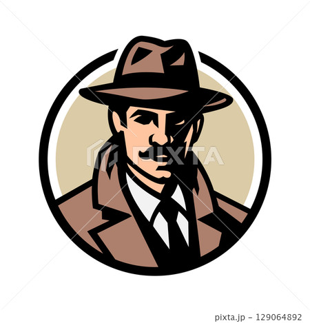 Silhouette of a man in a hat and a raincoat. 129064892