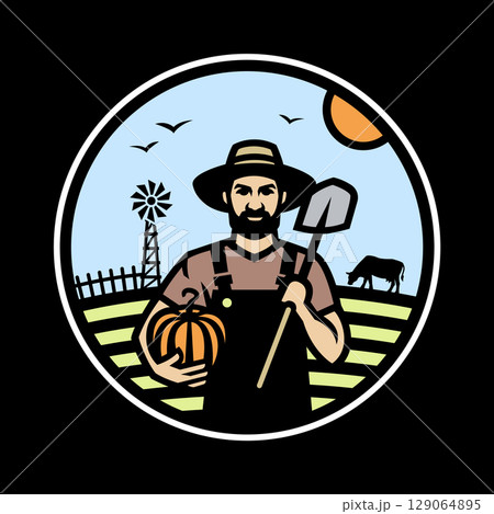 Farmer with a shovel and a pumpkin in his hands against the background of a farm on a dark background. Farmer with a shovel and a pumpkin in his hands against the background of a farm on a dark background. 129064895