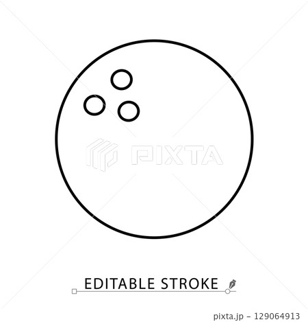 A bowling ball icon in minimalist style with editable stroke. Sport equipment, ball game, indoor activity, entertainment object, precision sport, leisure game, round shape, training element A bowling ball icon in minimalist style with editable stroke. Sport equipment, ball game, indoor activity, entertainment object, precision sport, leisure game, round shape, training element 129064913