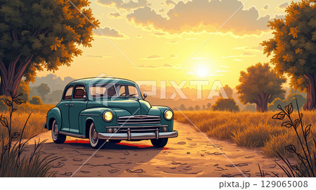 Vintage car parked on a rural road 129065008