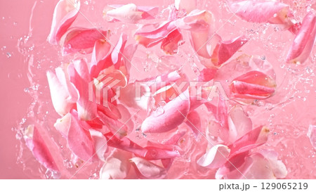 Rose blossoms falling on water surface, top down view. 129065219