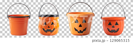 Set of empty candy buckets in orange color tone with Jack-o-lantern face for Halloween, isolated on transparent background. 129065315