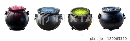 Set of cauldron with bubbling potion in red, blue and green color tones for Halloween, isolated on transparent background. 129065320