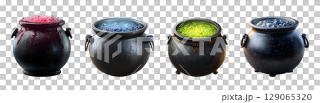 Set of cauldron with bubbling potion in red, blue and green color tones for Halloween, isolated on transparent background. 129065320