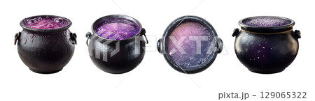 Set of cauldron with bubbling potion in purple color tone for Halloween, isolated on transparent background. Set of cauldron with bubbling potion in purple color tone for Halloween, isolated on transparent background. 129065322