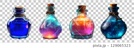 Set of glowing glass potion bottles with cork lid in blue and rainbow color tones for Halloween, isolated on transparent background. 129065323