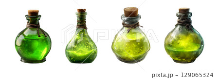 Set of glowing glass potion bottles with cork lid in green color tone for Halloween, isolated on transparent background. 129065324