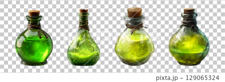 Set of glowing glass potion bottles with cork lid in green color tone for Halloween, isolated on transparent background. 129065324