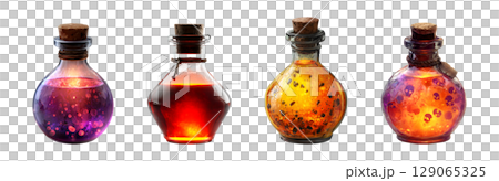 Set of glowing glass potion bottles with cork lid in red and purple color tone for Halloween, isolated on transparent background. 129065325