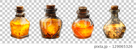 Set of glowing glass potion bottles with cork lid in yellow and orange color tone for Halloween, isolated on transparent background. 129065326
