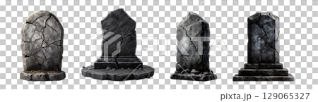 Set of stone grave with crack, front view, for Halloween, isolated on transparent background. 129065327