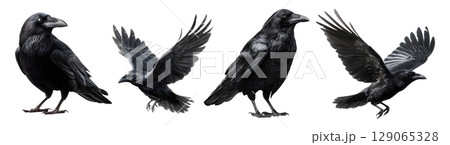 Set of black raven for Halloween, isolated on transparent background. 129065328