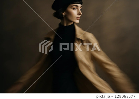 Elegant Tall Woman with Porcelain Skin and Dove Blue Eyes in Fashion Motion Blur 129065377