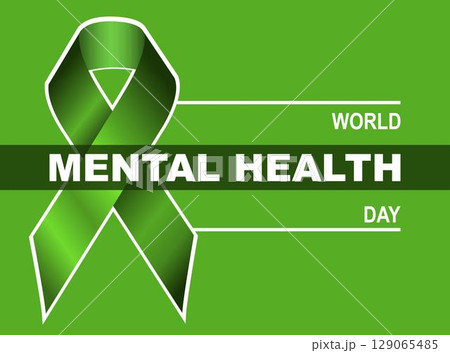World Mental Health Day. Green Awareness Ribbon on Green Background. Raising awareness of mental health campaign. Vector Illustration 129065485