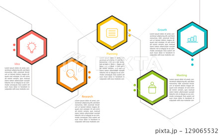 Clean and modern 5 step business process infographic with hexagonal icons. Ideal for strategy, startup concepts, growth plans, and project workflows. 129065532
