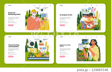 Vector illustration set showcasing AI-driven technologies in agriculture, including drones for monitoring fields, soil analysis, harvest sorting, and weather forecasting. Modern farming innovation. 129065546