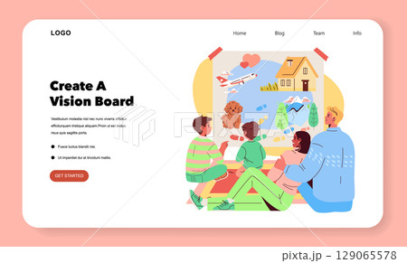 A diverse group of people engaging in a creative vision board session, sharing ideas and inspiration for future goals. Includes elements such as a plane, house, and more in a colorful vector style. 129065578