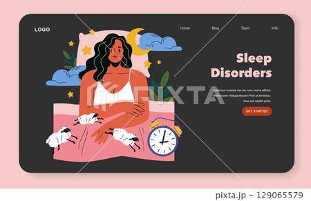 Vector illustration of a woman awake in bed at night, showing signs of insomnia and sleep disorders. Surrounded by dreamy elements like clouds, stars, and sheep, highlighting sleep challenges. Vector illustration of a woman awake in bed at night, showing signs of insomnia and sleep disorders. Surrounded by dreamy elements like clouds, stars, and sheep, highlighting sleep challenges. 129065579