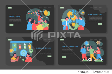 Set of vector illustrations depicting team building activities. Scenes include promoting talent, community building, encouraging teamwork, and improving communication, highlighting cooperation. Set of vector illustrations depicting team building activities. Scenes include promoting talent, community building, encouraging teamwork, and improving communication, highlighting cooperation. 129065606