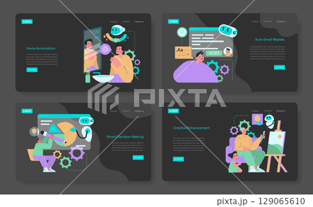 Vector illustration set showcasing futuristic smart home automation. Scenes include smart mirrors, automated email systems, decision-making tools, and creative enhancement, highlighting tech Vector illustration set showcasing futuristic smart home automation. Scenes include smart mirrors, automated email systems, decision-making tools, and creative enhancement, highlighting tech 129065610