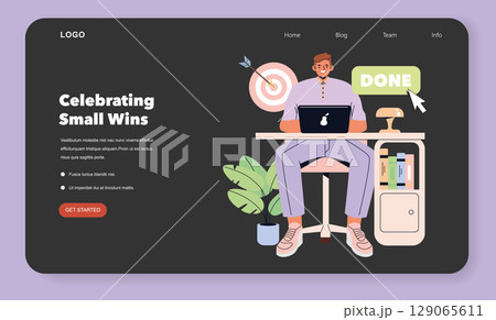 Tomorrow Work. Young professional sitting at a desk working on a laptop and completing tasks, surrounded by books and plants in a modern workspace, celebrating small victories. Vector illustration. 129065611