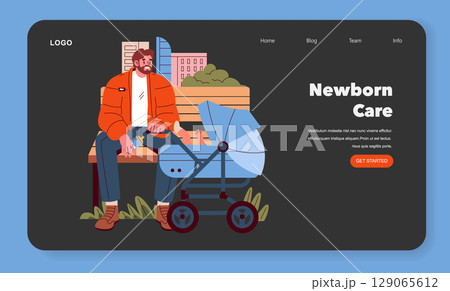 Father spending quality time outdoors with his baby in a stroller, reflecting modern parenthood on a serene day. Vector illustration. Father spending quality time outdoors with his baby in a stroller, reflecting modern parenthood on a serene day. Vector illustration. 129065612