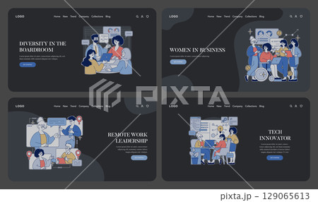 Set of vector illustrations showcasing diverse leadership and teamwork in business settings. Depicts collaboration, innovation, and inclusion. Women empowering each other in professional environments. 129065613