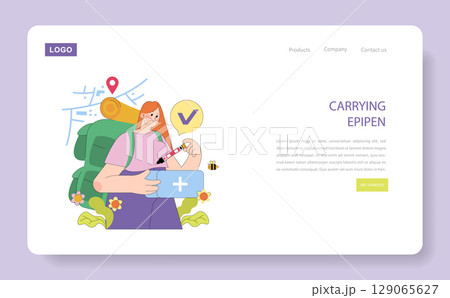 Vector illustration of a traveler carrying an EpiPen and a first aid kit. The person is equipped with a backpack, symbolizing preparedness and awareness for emergencies. 129065627
